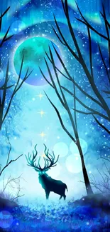 Mystical deer in a glowing, star-lit forest at night.