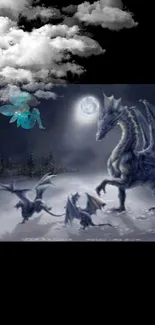 Mystical night scene with dragons under moonlight and clouds.