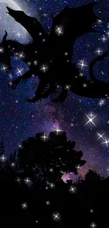 Silhouette of a dragon in a starry night sky with moonlight.