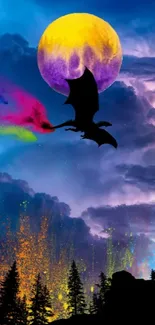 Mystical dragon soaring under a vibrant moon.