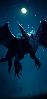A dragon flying under a starry night sky with the moon glowing.
