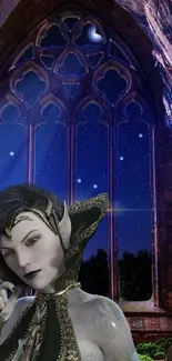 Mystical elf with starlit night backdrop.