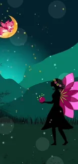 Mystical silhouette fairy with pink wings and moon creature.