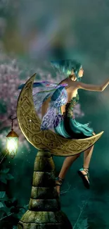 Mystical fairy sitting on a crescent moon, surrounded by glowing lanterns.