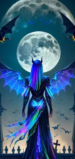 Fantasy character with glowing wings under a moonlit sky with gothic towers.