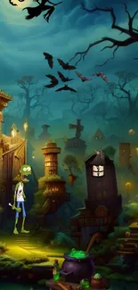 A mystical fantasy night scene with eerie castles and spooky creatures.
