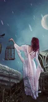 Woman in pink dress under crescent moon in fantasy scene.