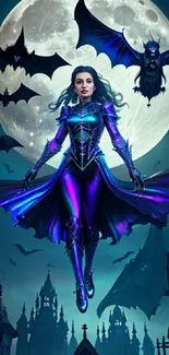 Fantasy wallpaper with glowing woman, moon, and bats in deep blue hues.