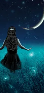 Girl in dark dress under a crescent moon in a starry, teal-toned night landscape.