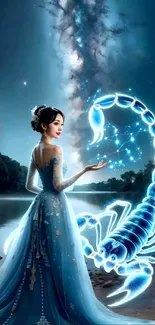 Woman in blue gown with glowing scorpion under a starry night sky.