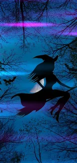 Silhouette of a witch flying against a mystical blue night sky.