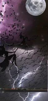 Witch flying against a mystical moonlit sky with lightning and birds.