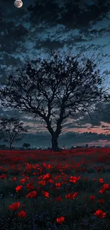 Lone tree in a vibrant night flower field under a moonlit sky.