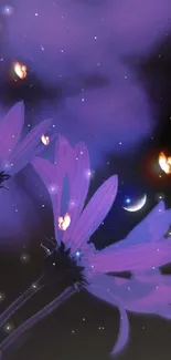 Purple flowers with moon and fireflies in a starry night sky wallpaper.