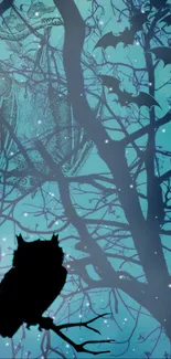 Silhouette of an owl perched on a branch in a mystical forest night scene.