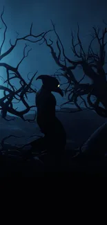 Silhouette of forest creature in night under moonlight with twisted trees.