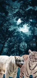 Two white tigers in a moonlit mystical forest at night.