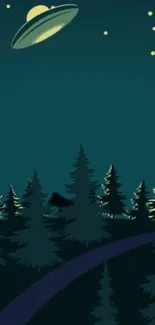 Teal night forest with UFO and stars, creating a mystical atmosphere.