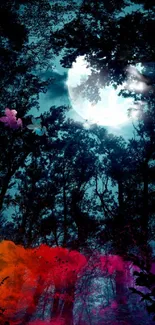 A mystical forest under a full moon with colorful accents on a mobile wallpaper.