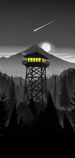 Nighttime forest silhouette with fire tower and full moon.