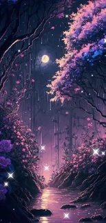 Mystical night forest with moonlight, purple flowers, and a peaceful stream.