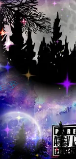 Mystical night forest wallpaper with cosmic stars and tree silhouettes.