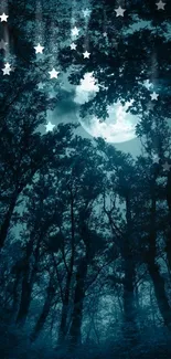 Mystical night forest with full moon casting light through towering trees.