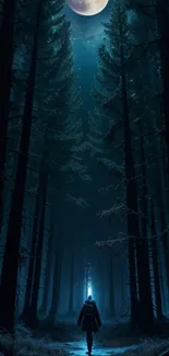 Person walking in moonlit forest with towering trees and a glowing moon.