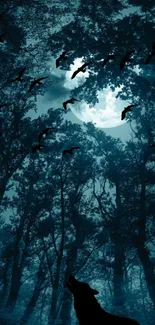 Mystical forest with moonlit silhouette of a wolf howling among trees and birds.