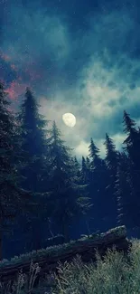 Mystical night forest with moonlit sky and stars, perfect for mobile wallpaper.