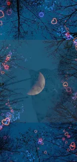 Mystical forest wallpaper with moon and heart lights.