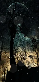 Mystical night forest with silhouetted trees and starry sky wallpaper.