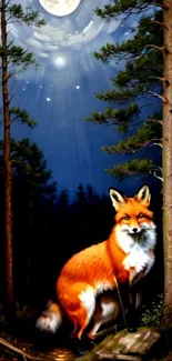 Fox sits in a moonlit forest under a starry night sky.