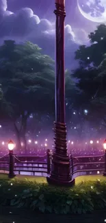 Mystical moonlit garden with glowing lamps.