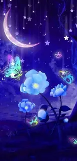 Mystical night garden with moon, glowing butterflies, and vibrant flowers.