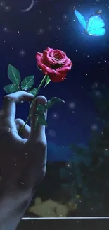 A hand holds a red rose under a night sky with a blue butterfly.