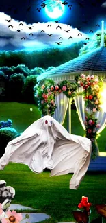 Ghost in a mystical night garden with a lit gazebo and flowers.