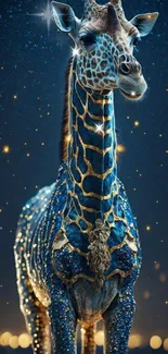 Mystical blue giraffe under a starry sky.