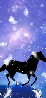 Mystical black horse galloping in a purple galaxy sky with white feathers.