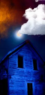 Abandoned house under a mystical, cloud-filled night sky.