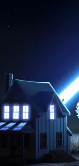 Glowing beam shines on night house under a starry sky.