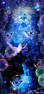 Mystical night wallpaper with hummingbird, butterflies, and vibrant roses.