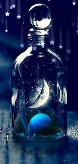 Mystical crescent moon in a bottle with stars on a dark blue background.