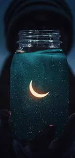 Mystical crescent moon inside glowing jar with starry backdrop.