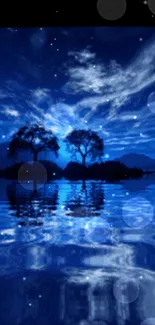 Blue night scene with island reflected on water under moonlit sky.