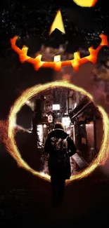 A person walks through a mystical glowing portal with a pumpkin face above.