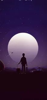 Silhouette of traveler under a starry night sky with a large moon.