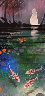 Enchanting night pond with koi fish and glowing lily pads under stars.