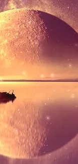 Sailboat on a serene lake under a massive moon, reflecting in tranquil waters.