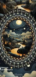 Mystical night landscape art with moonlit scenery.